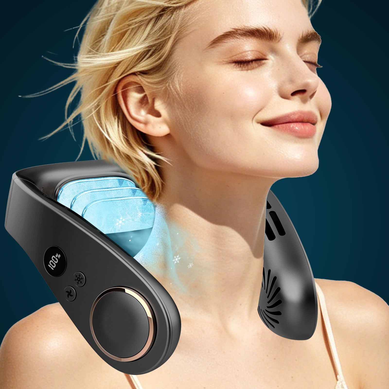 Ventilatore da Collo con Raffreddamento, Cuffie Ventilatore USB Portatile e Silenzioso, 5 Velocità e Batteria 5500mAh Potente, Display LED, Autonomia 15 Ore, per Outdoor, Sport, Ufficio e Viaggi