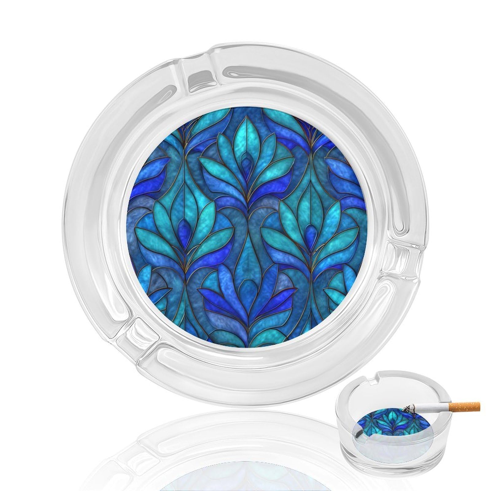 Blue Stained Glass Plants Glass Ashtray for Cigarettes Portable Decorative Ash Trays for Home Office Decor