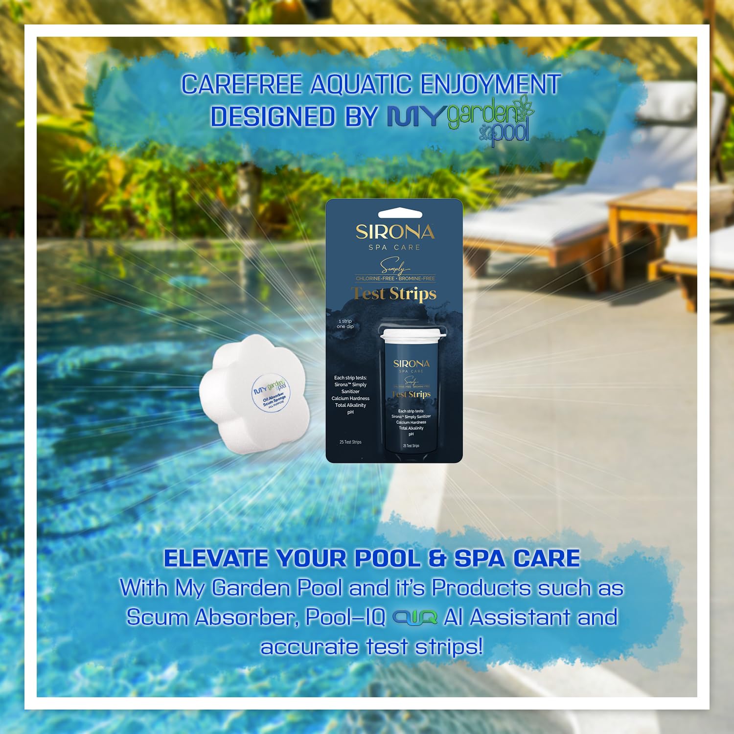 Sirona Spa Care 25 Test Strips with My Garden Pool Spa Sponge – Accurate Spa Water Testing Kit for pH, Alkalinity & Hardness with Bonus Oil-Absorbing Scum Remover
