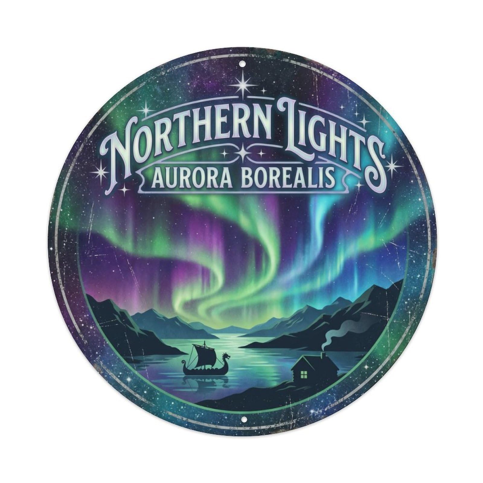 Vintage Travel Northern Lights Iceland Metal Tin Sign Plaque Wall Decor for Cafe, Club Bar, Office, Home Garden Round Metal Poster 8x8Inch