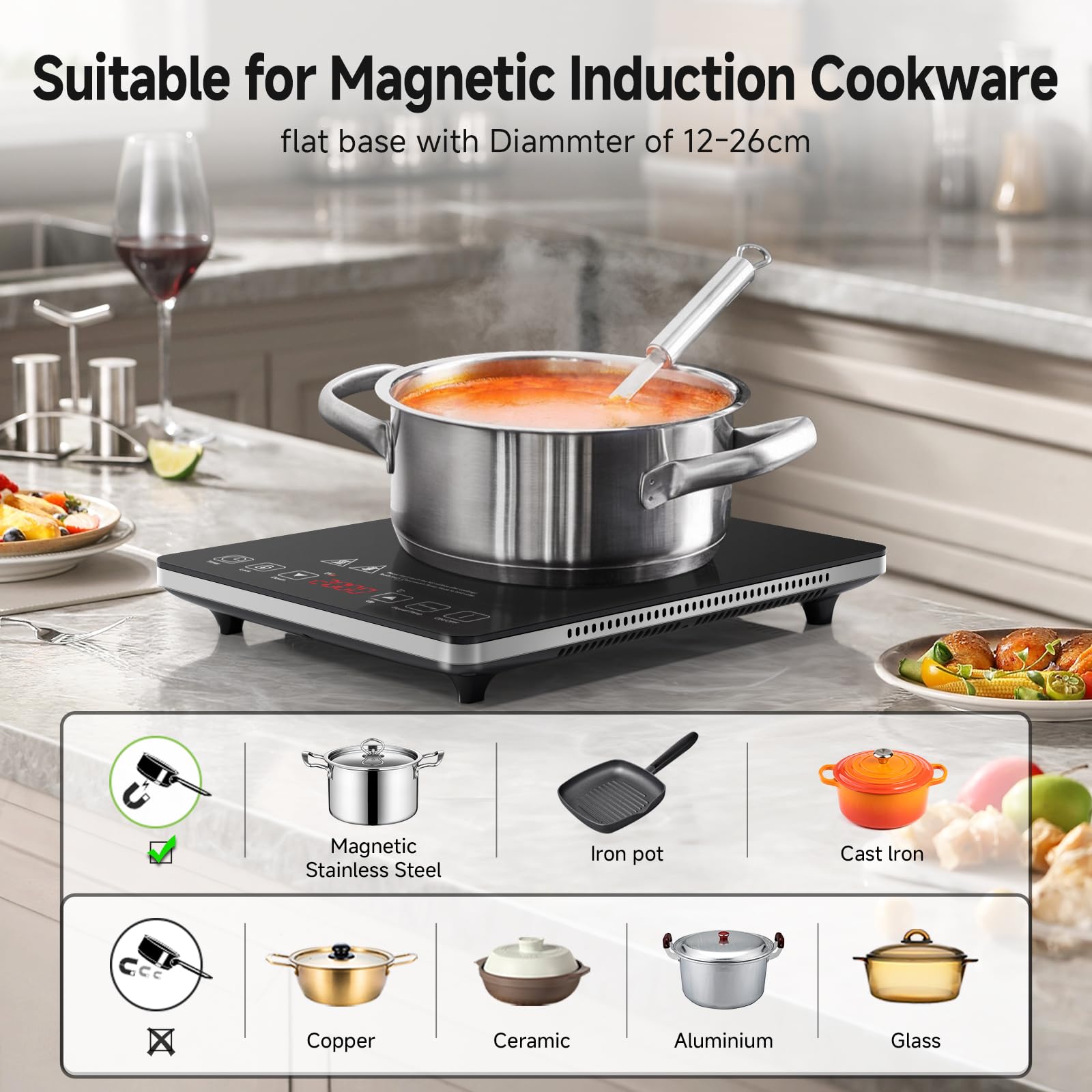 Piastra ad induzione,AMZCHEF piano Cottura a induzione elettrica con superficie in vetro cristallo nero, design portatile ultrasottile, controllo touch sensor e blocco di sicurezza,2000W