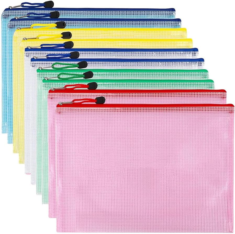 HOOTO 10 Pack Mesh Zipper Pouch, A4 Letter Size Mesh Bags with Zipper, Plastic Water-Resistant File Bags, for School Office Supplies Cosmetics Travel Storage, Assorted Color 24X33cm