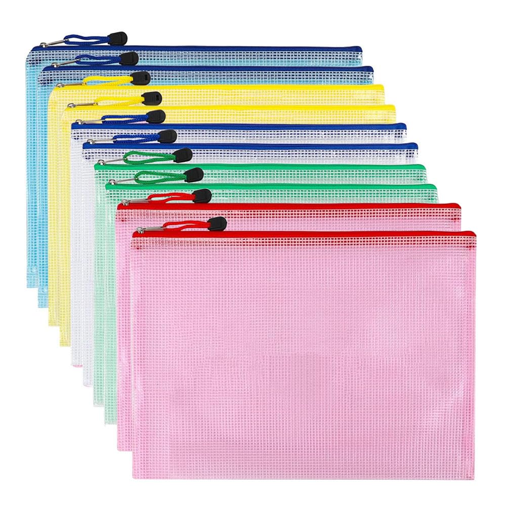 HOOTO 10 Pack Mesh Zipper Pouch, A4 Letter Size Mesh Bags with Zipper, Plastic Water-Resistant File Bags, for School Office Supplies Cosmetics Travel Storage, Assorted Color 24X33cm