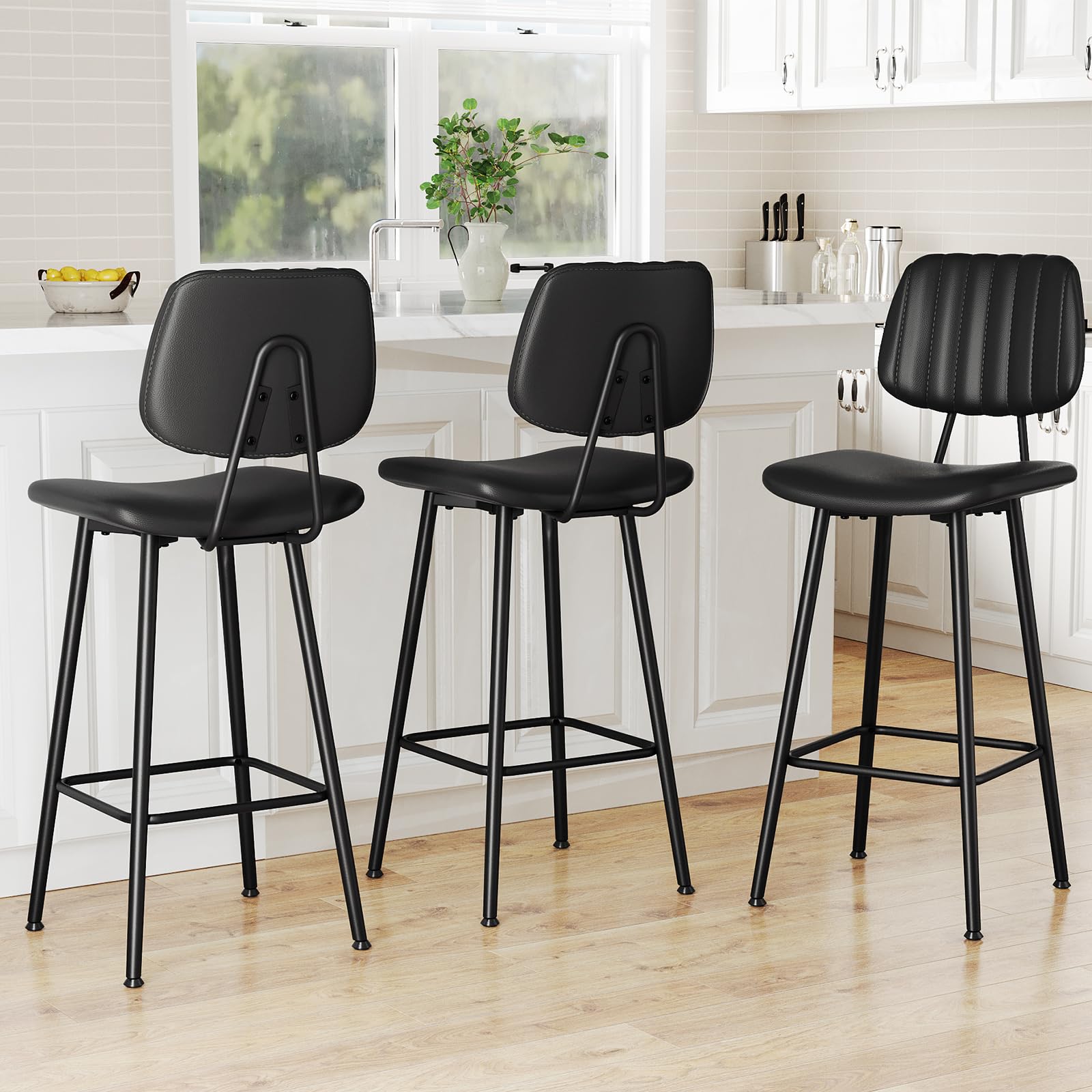 Raynesys 29-Inch Leather Bar Stools Set of 3, Counter Height Barstools with High Backrest，Bar Chairs for Kitchen Island with Heavy Duty Metal Legs,