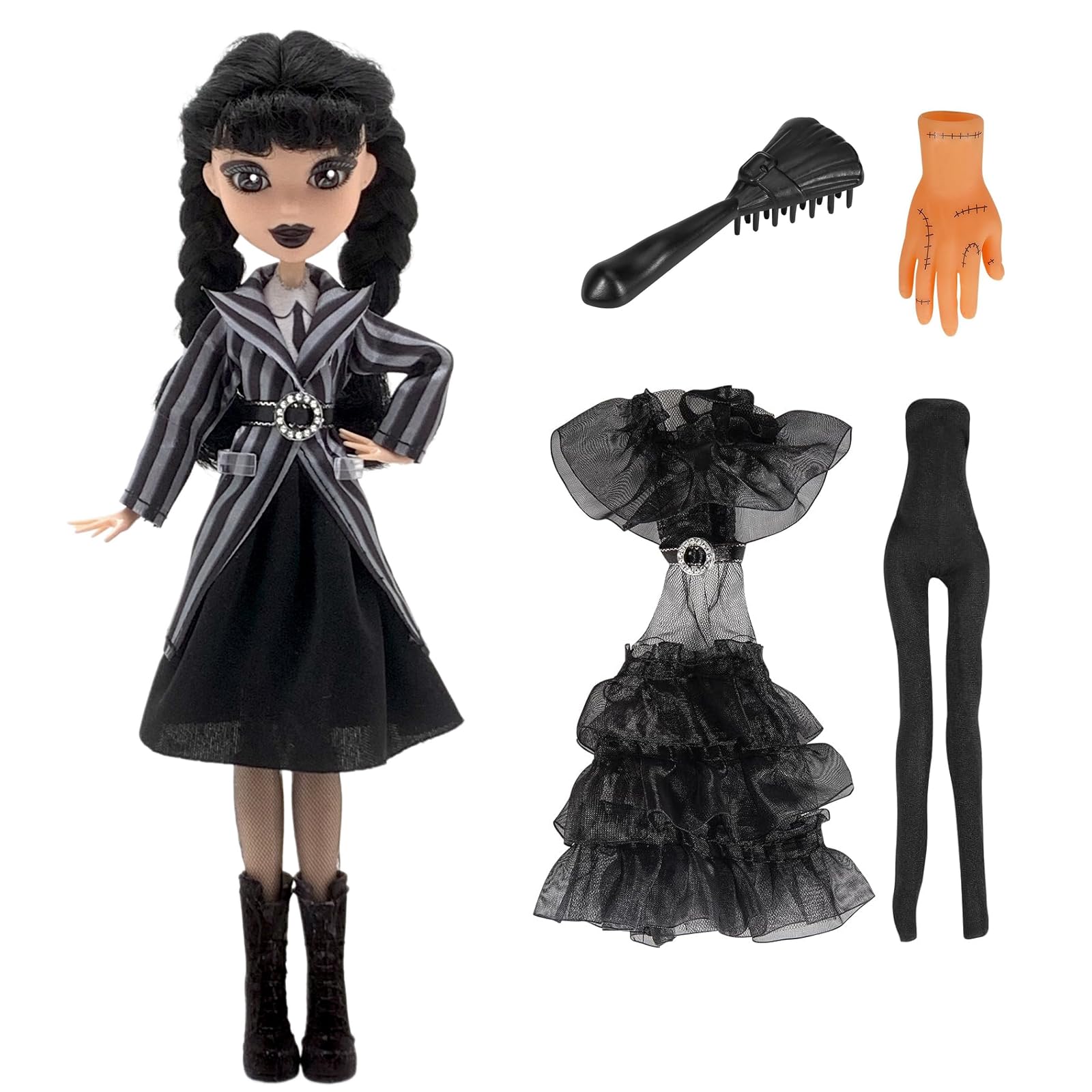 DANONI Addams Toys,Long Sleeve Dots Dress,Red Lips,Black High Heels and Black Hair,Made to Move Addams Dolls,Birthday Idea Gifts (Short Skirt-B)