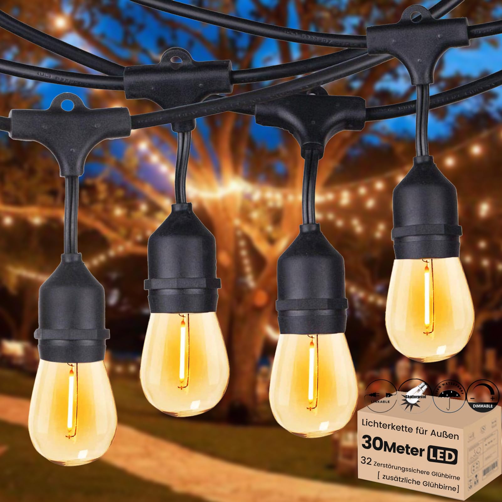 Lichterkette Außen 30M ST45 LED Lichterkette Glühbirnen außen Warmweiß 2700K Lichterkette Glühbirnen IP65 Wasserdicht 30 X 1W E27 Glas Birnen für Hochzeit Party