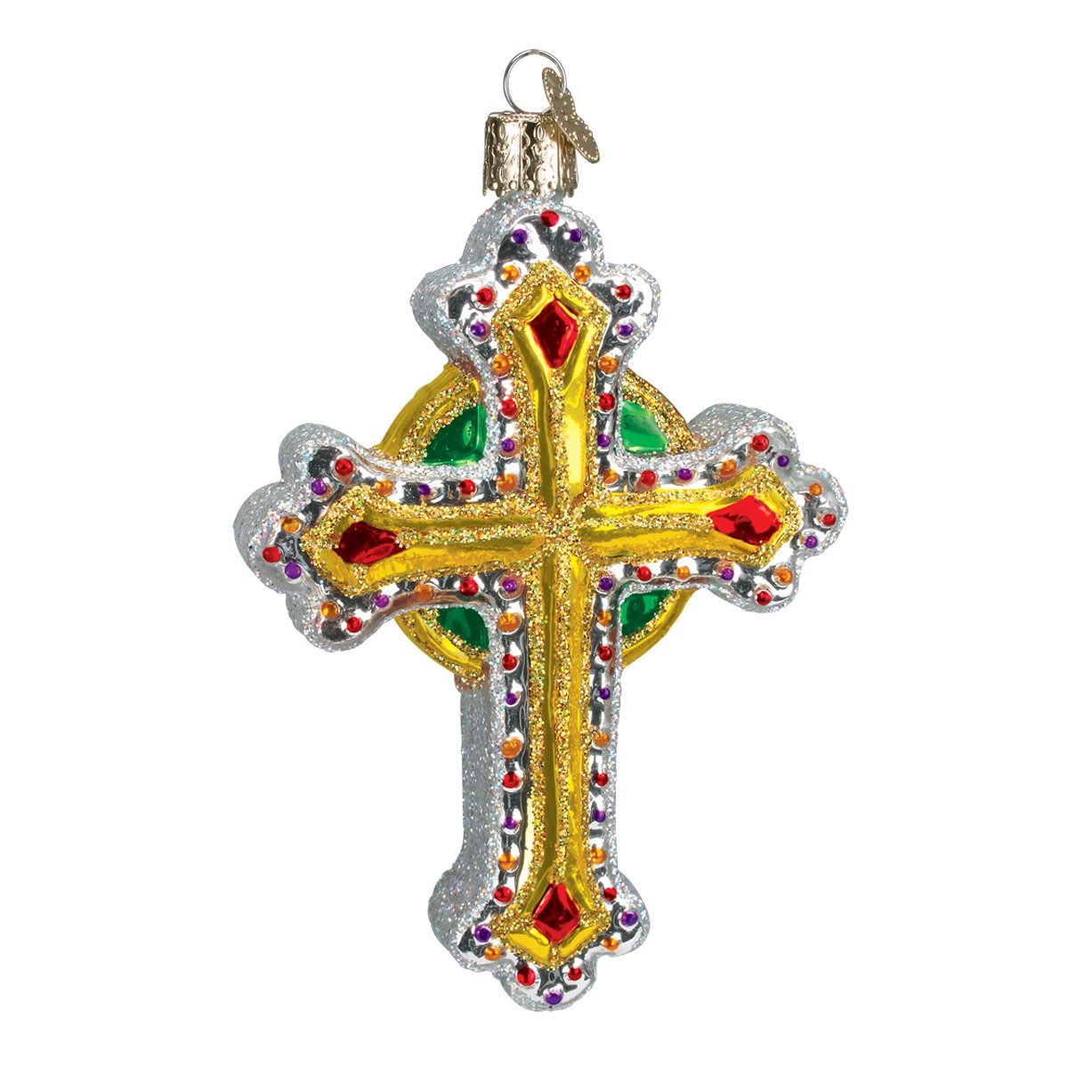 Old World Christmas Ornaments Silver/Gold Jeweled Cross Glass Blown Ornaments for Christmas Tree