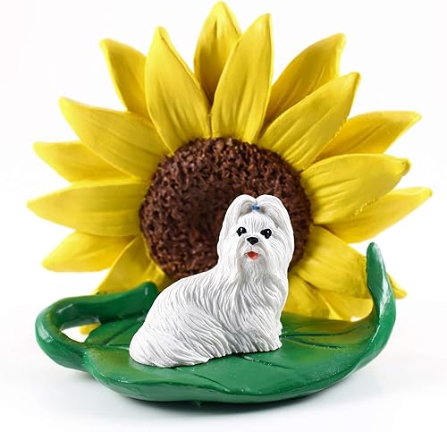 Conversation Concepts Figura blanca Shih Tzu Regalo de estatua de girasol escultura realista pintada a mano, decoración de escritorio de verano o