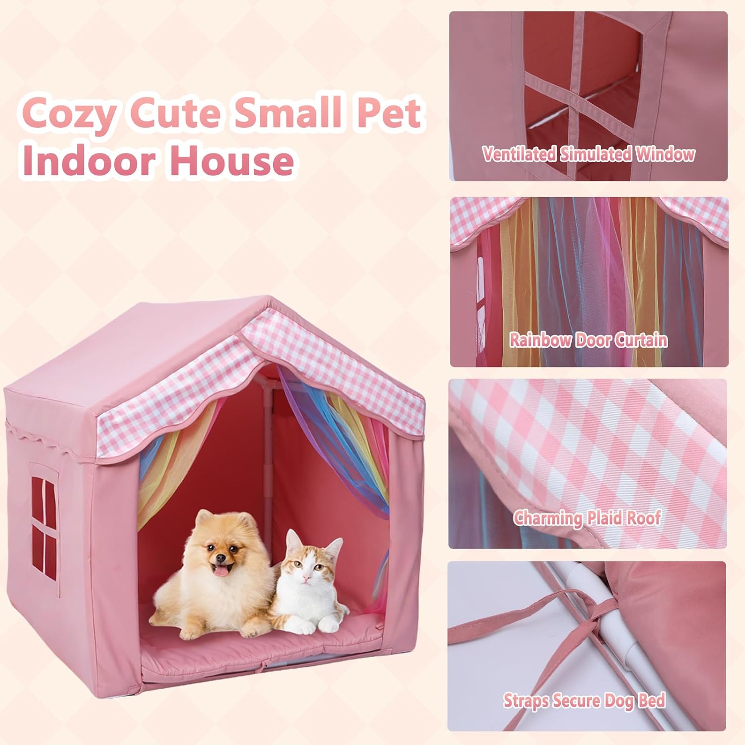 Cute Pink Princess 26" Dog House Tent Bed for Pets Dogs Cats, Cozy Confortable Puppy Cat Rabbit Kennel Bed Tent w/Washable Cushion, Holds Up to 50lbs Pets
