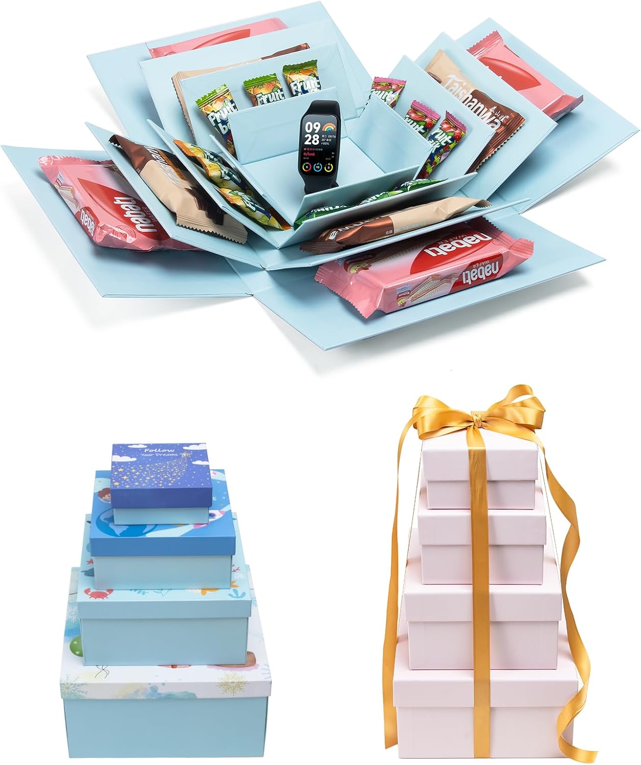 CHARMGIFTBOX 8 Pack Gift Boxes with Lids, 4 Surprise Gift Box Explosion and 4 Paper Square White Nesting Gift Boxes, Exploding Box Set for Boyfriend Husband Son Birthday Party Favor Boxes, Blue&Pink