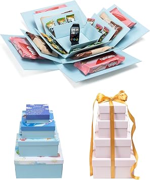 CHARMGIFTBOX 8 Pack Gift Boxes with Lids, 4 Surprise Gift Box Explosion and 4 Paper Square White Nesting Gift Boxes, Exploding Box Set for Boyfriend Husband Son Birthday Party Favor Boxes, Blue&Pink