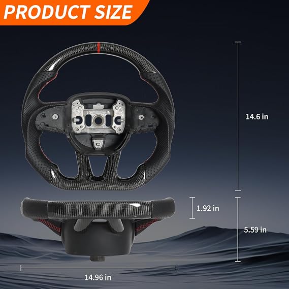 Flat Top and Bottom Steering Wheel, Preforated Leather Grip Real Carbon Fiber Steering Wheel Fit for Dodge Challenger/Charger 2015-2023