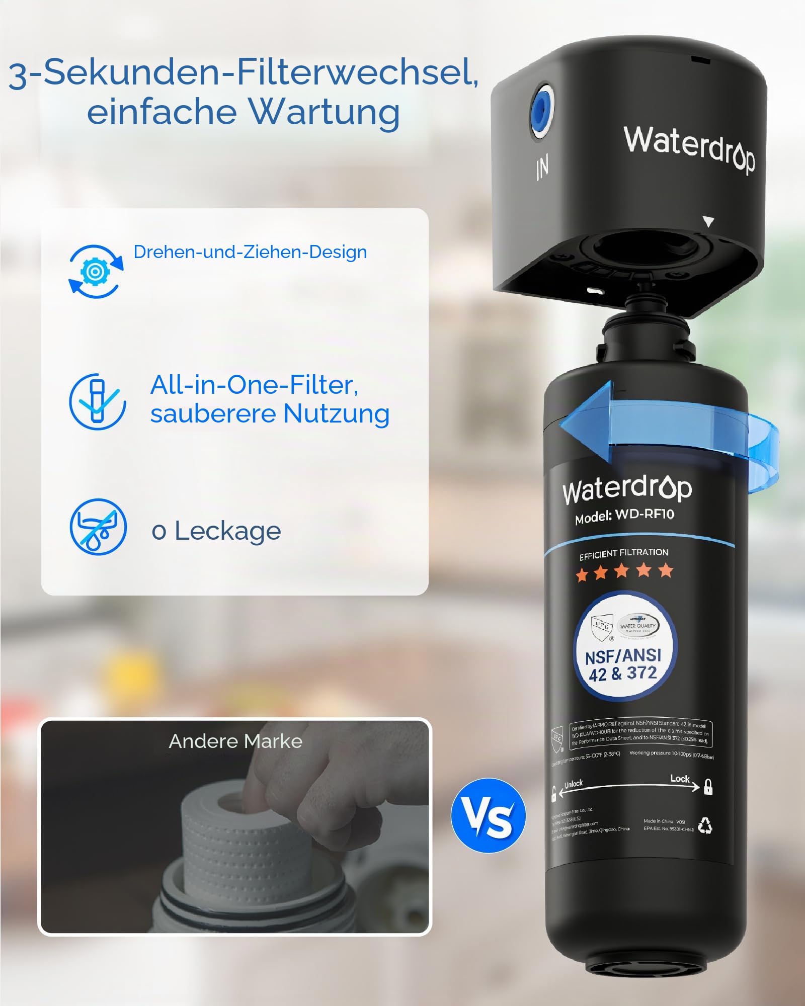 Waterdrop WD-RF10 Wasserfilter, NSF/ANSI 42 Zertifiziert, 11000 Gallone Hohe Kapazität, Ersatz für Watertrop Untertisch Wasserfiltrationssystem