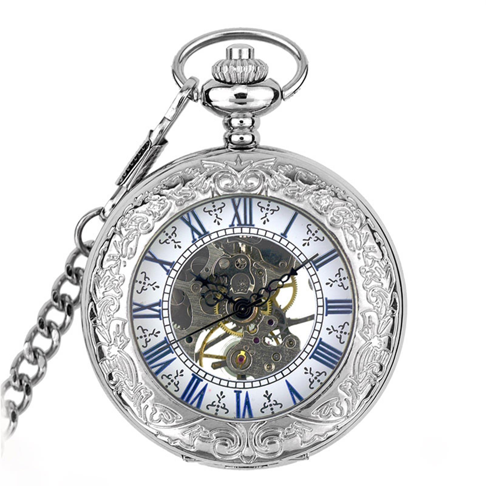 hixswnu Reloj de Bolsillo mecánico Antiguo con números Romanos, diseño de Esqueleto, Cadena de Cajas de Regalo para el día del Padre, graduación o cumpleaños