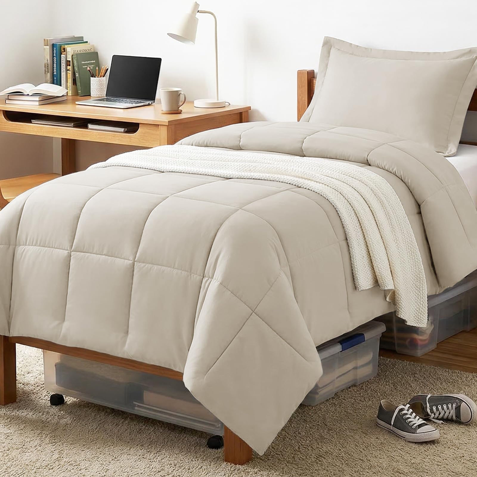 Photo 1 of CozyLux Twin/Twin XL Comforter Set Beige - 2 Pieces Box Stitched Twin Bed Set for Teen Boys and Girls with All Season, Soft Lightweight Bedding Sets with 1 Down Alternative Comforter and 1 Pillow Sham