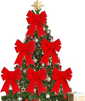 6 PCS Red Velvet Bows for Christmas Tree 9x12 Inches - PVC Hanging Xmas Tree Decorations, Indoor Outdoor Xmas Decor for Home Party, Wreath, Fence, Fireplace & Stairs Railing Red 1, 6 Pcs