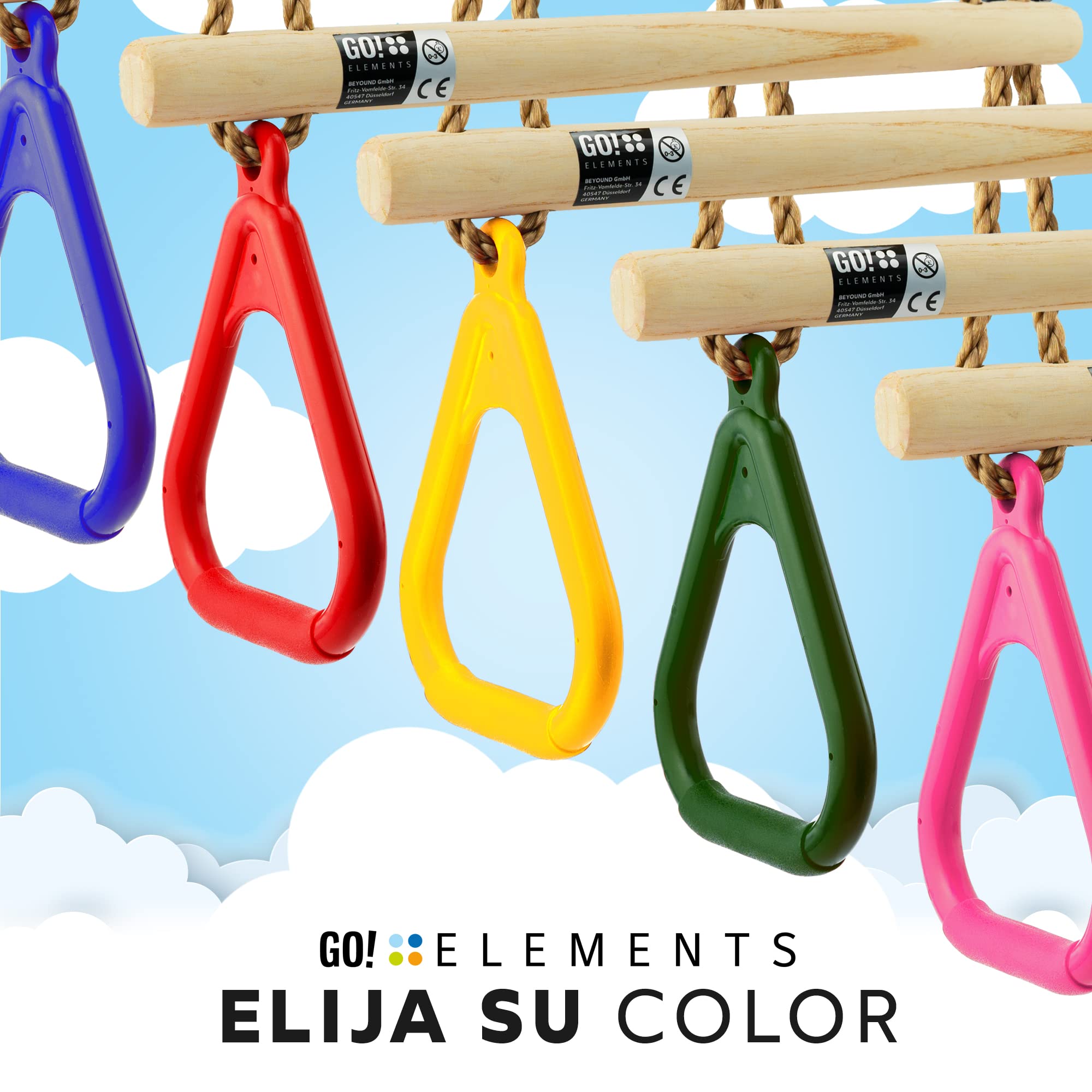 GOelements Columpio Trapecio Jardín Exterior Niños - Asiento Antideslizante - Altura Ajustable - Color: Amarillo