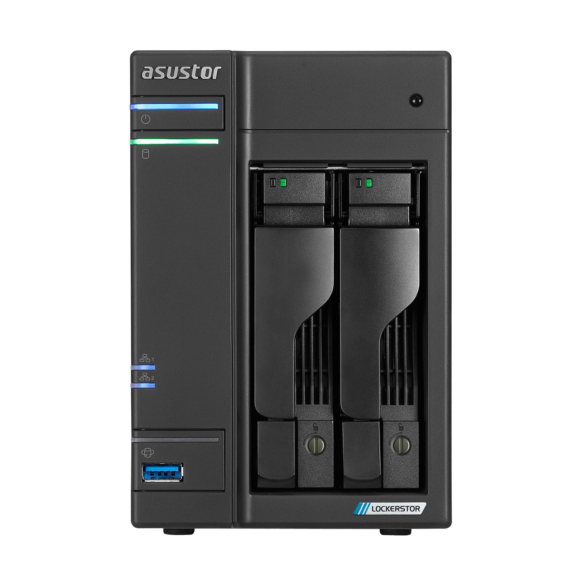 Asustor Lockerstor 2 Gen2+ AS6702T v2, Almacenamiento NAS de 2 Bahías, Quad-Core 2.0GHz CPU, 2 x 5GbE Ports, 4GB RAM DDR4, 4 x M.2 SSD Slots (Sin Discos)