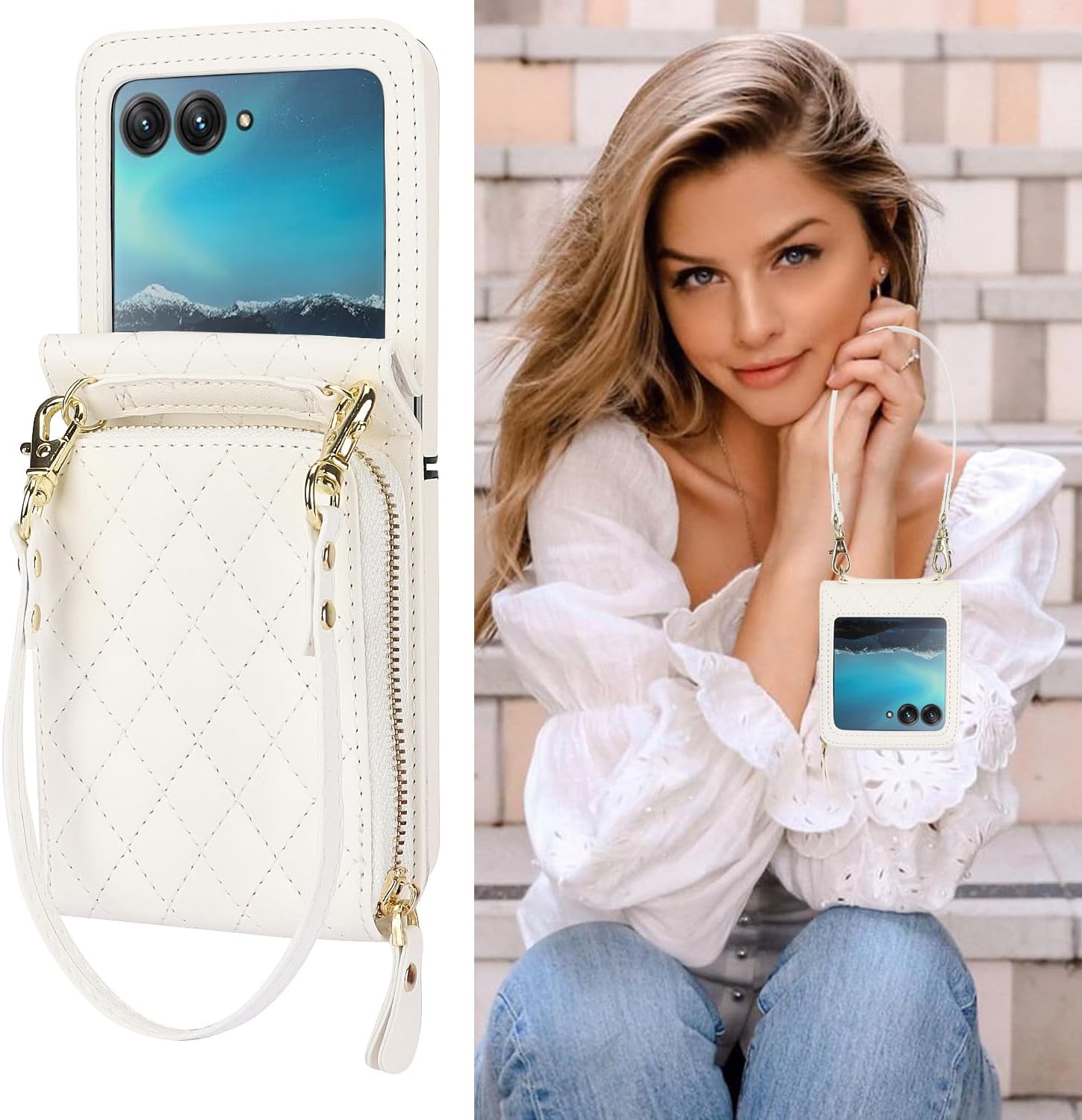 Phone Case for Motorola Razr Plus 2023/Moto Razr 40 Ultra Wallet Crossbody Lanyard Strap & Kickstand Hinge Protection Heavy Duty Matte Hard Card Holder Cover Razr+ + 5G XT2321-3 Women Men Beige