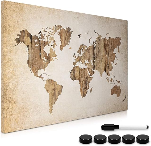 Navaris Magnetic Whiteboard Memo Board - 40 x 60 cm Writable Dry Erase Notice Message Board for Wall with Magnets and Marker - Vintage World Map