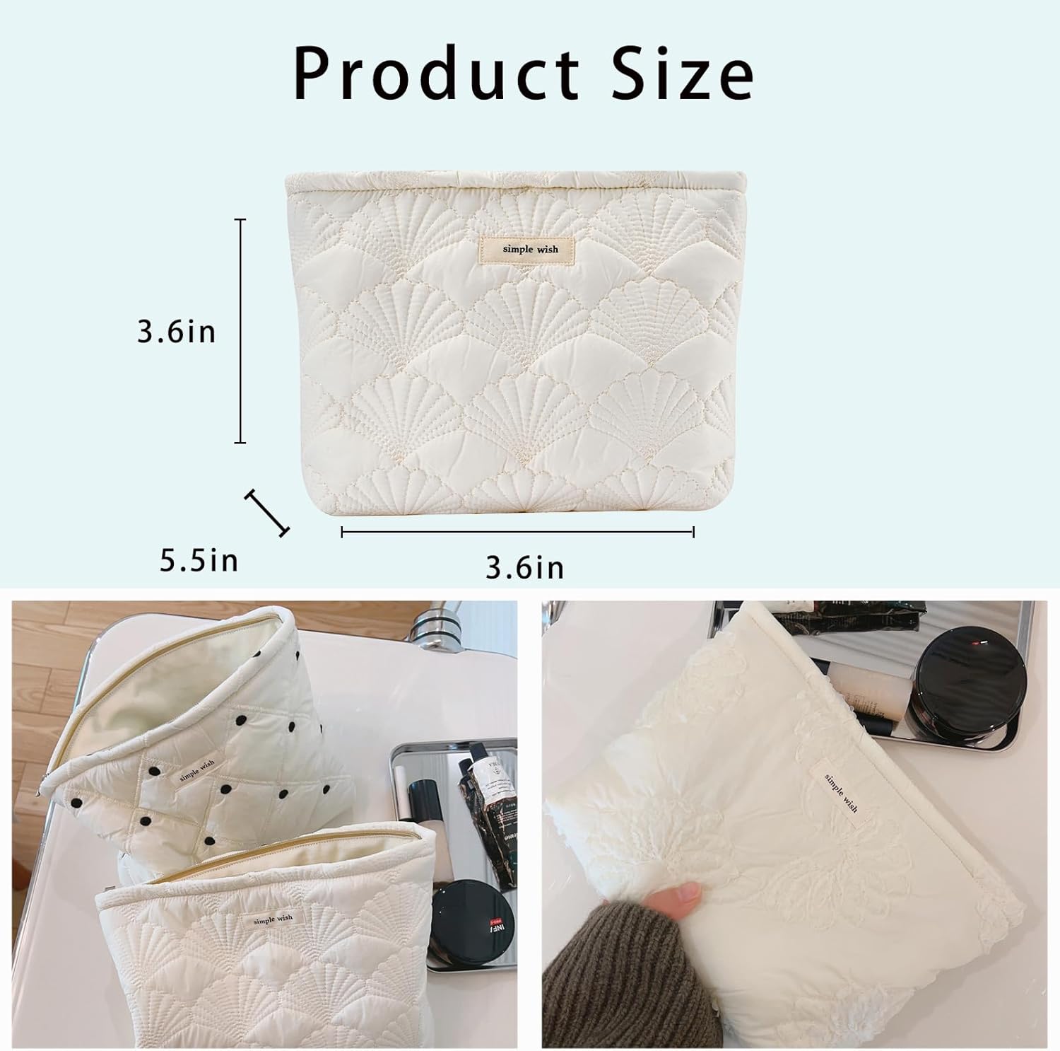 uekeboag White Quilted Cotton Makeup Pouch,Coquette Quilted Toiletry Bag for Women and Girls, Floral Coquette Organizer Bag, Aesthetic Travel Cosmetic Bags(03White Shells) - Image 2