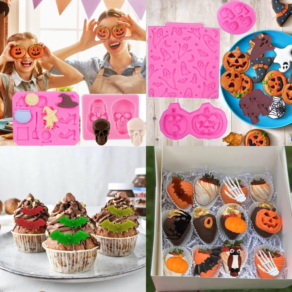 6 moldes de silicona para fondant de pastel de chocolate, bruja, fantasma, cráneo, murciélago, calabaza, bandejas de dulces de hielo para galletas, moldes para hornear, magdalenas, gelatina, azúcar,