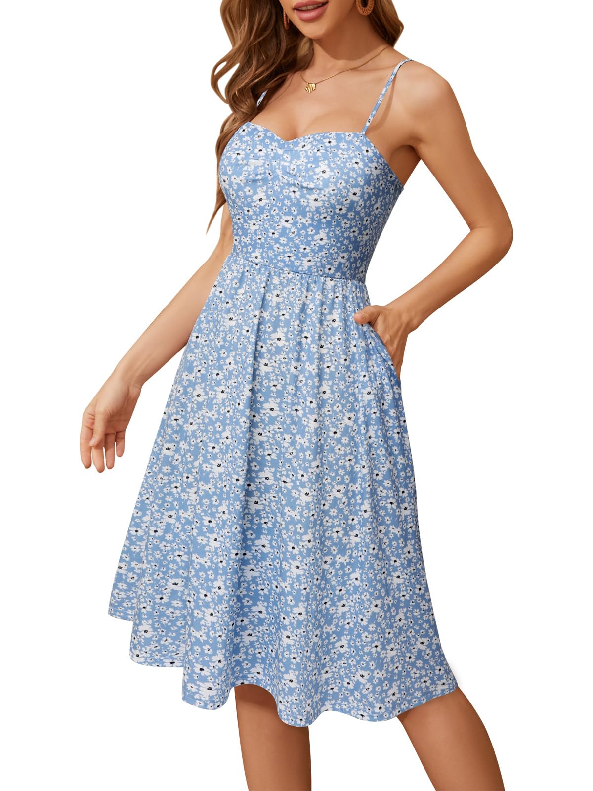 Sureple Summer Dresses for Women 2025 Casual Sweetheart-Neck Empire Waist Swing Aline Spaghetti Strap Dress with Pockets