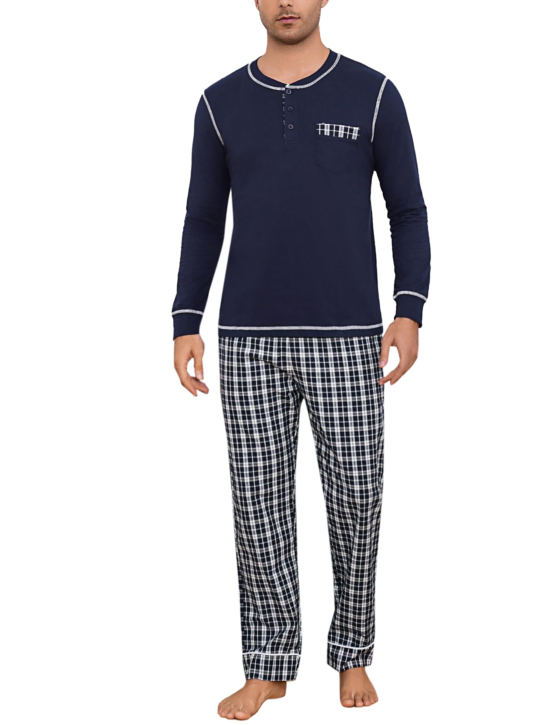 Litherday Schlafanzug Herren Lang Kariert Zweiteiliger Nachtwäsche aus 100% Baumwolle Pyjamas Set mit Rundhals Winter Pyjama