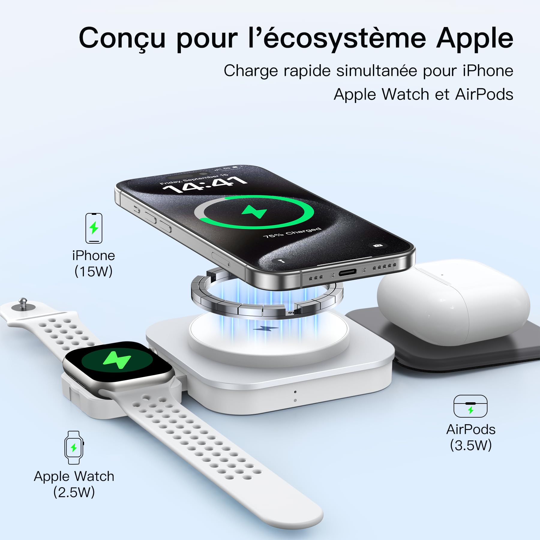 KEEPRO Chargeur 3 en 1 MagSafe Station de Charge sans Fil Pliable pour iPhone 16/15/14/13/12/Pro/Max/Plus, Apple Watch, AirPods Pro/4/3/2 avec USB-C 20W-Blanc