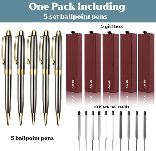 Miniatura 4 de Ancolo Juego de 5 bolígrafos de regalo con 5 cajas de regalo y 10 repuestos adicionales, bolígrafos Qualiry de punta rodante perfectos para diario