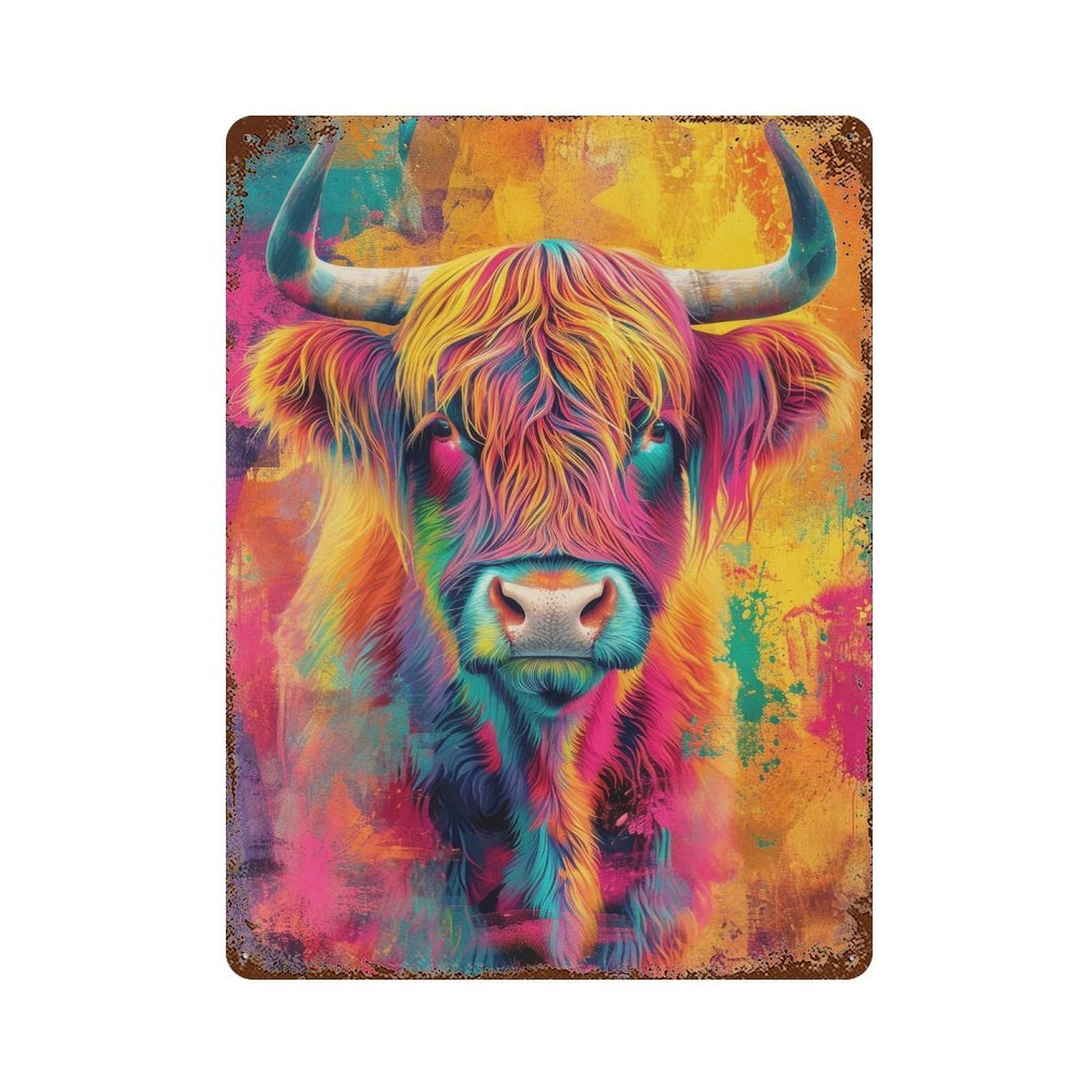 Retro Metal Sign Highland Cow Colorful Art 15.7"x11.8", Retro Wall Decor for Living Room, Hallway And Home Decor