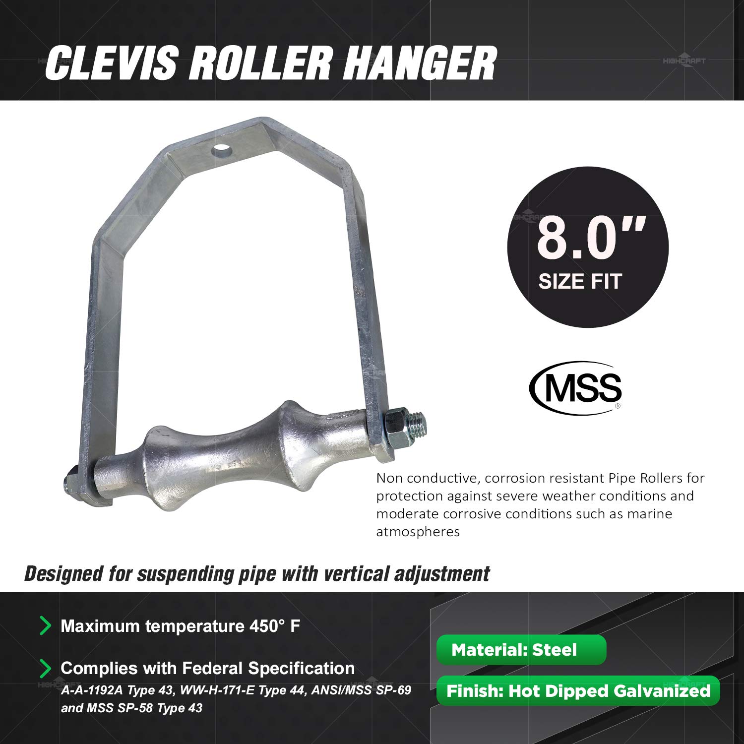 MSS SP-69 Compliant Highcraft HCS-GE08 Clevis Hanger - 8 Inch Electro