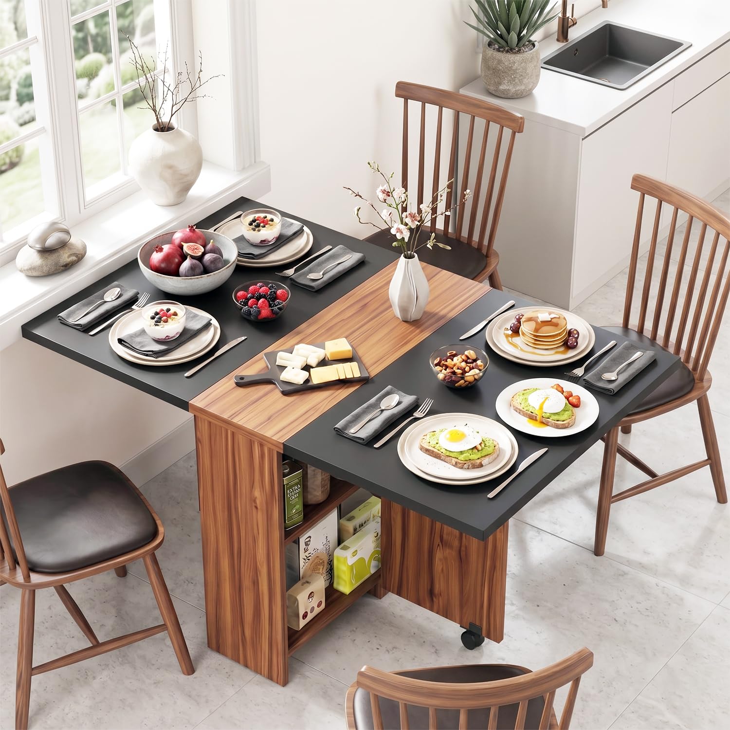 Klaxon Dining Table 4 Seater with Metal Legs | Modern Dining Table in Forest Dark Finish | (AW & Black, Flexi)-image-7