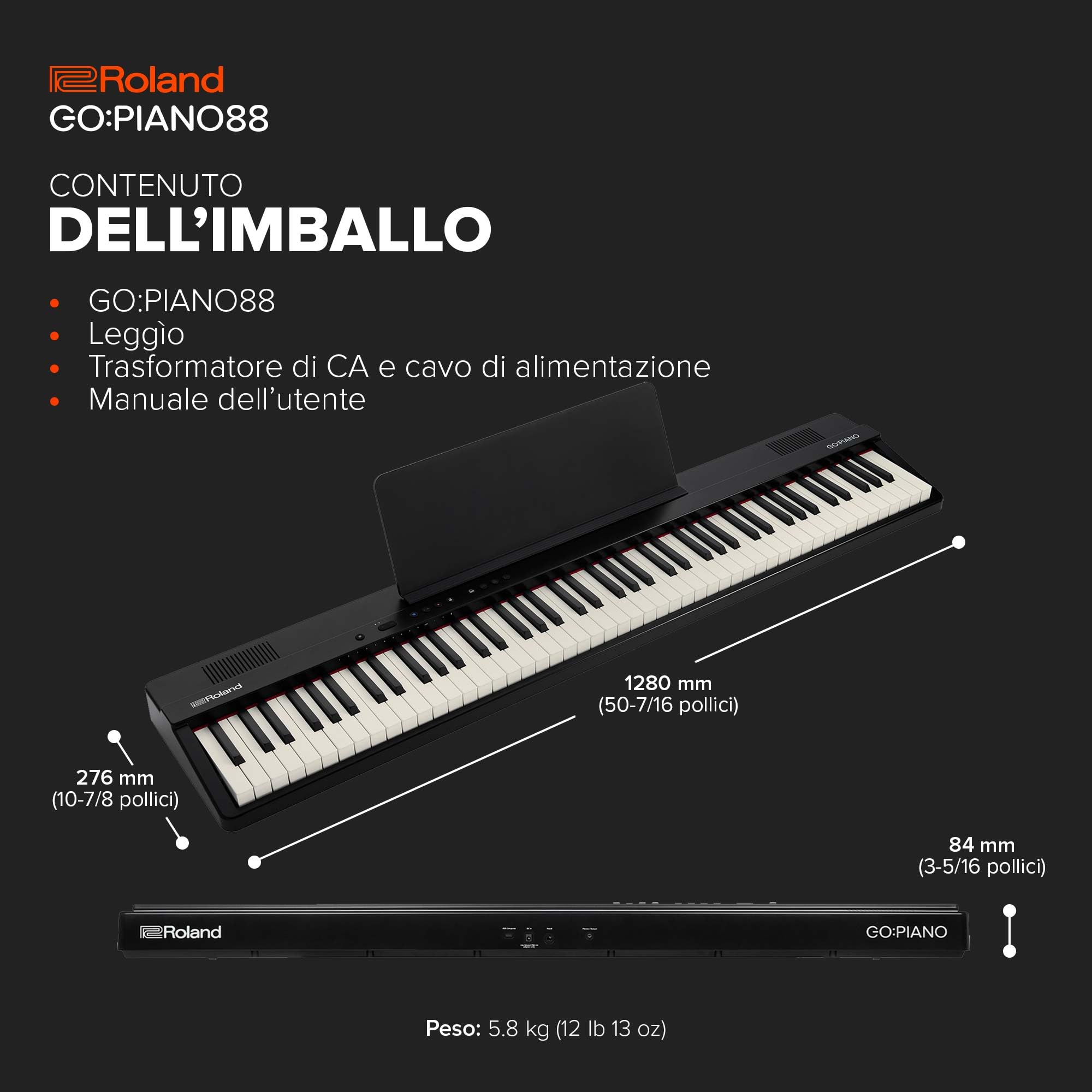 Roland GO:PIANO88 | Piano digitale portatile entry level a 88 tasti | Prestazioni superiori | Design leggero | Potenti funzioni didattiche | Funzionamento a batterie | Connettività Bluetooth e MIDI