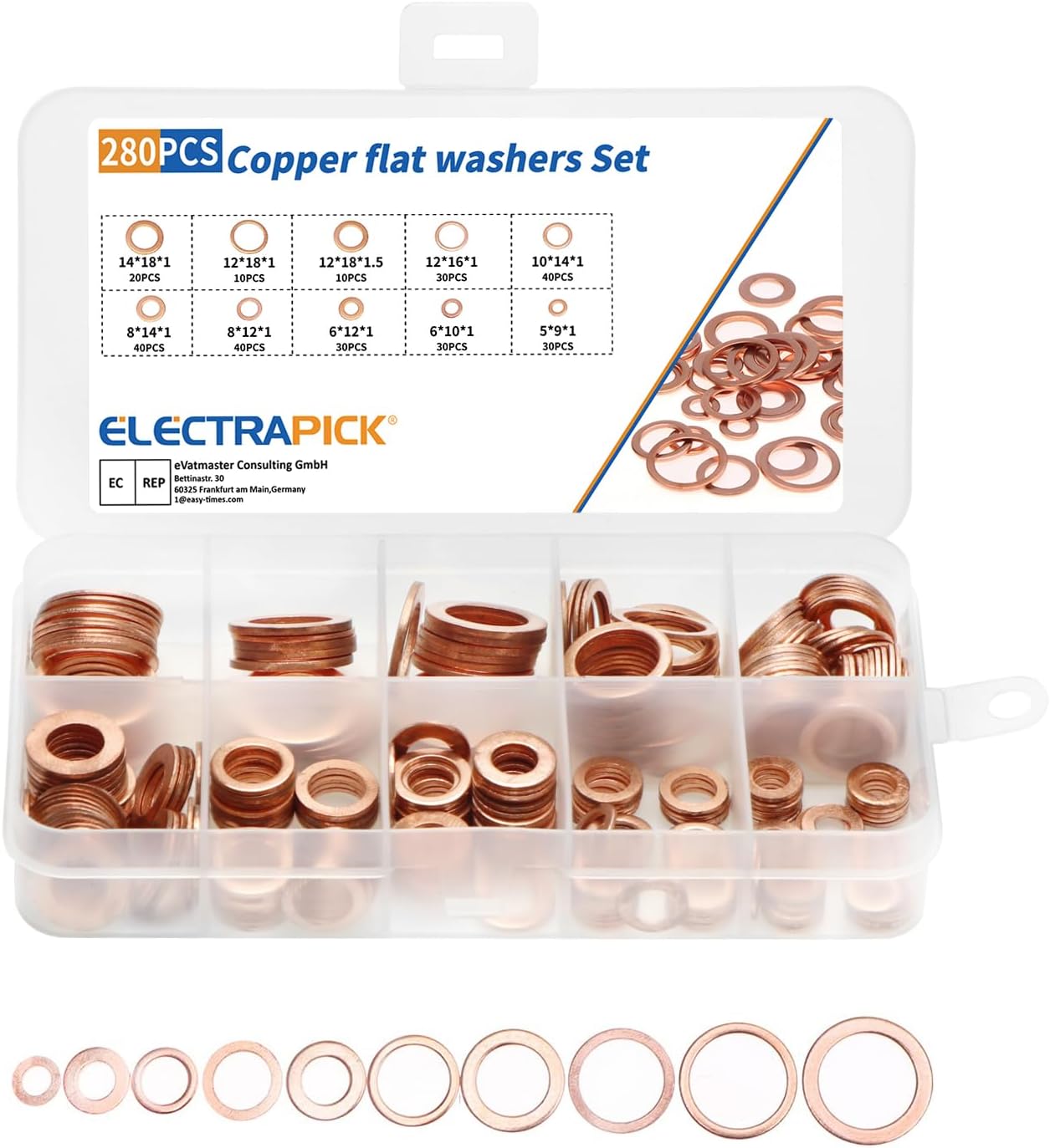 ELECTRAPICK 10 Sizes 280pcs-O Ring Washers Set, Flat Ring Seal Copper Gasket Kit Hardware with Plastic Box, M5-M12 Metal Washers Round Spacers Assortment for Home