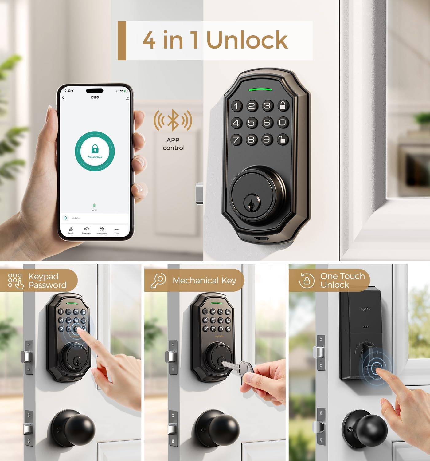Four unlocking methods for ARPHA D180K-B: App, Keypad, Mechanical Key, One-Touch Unlock