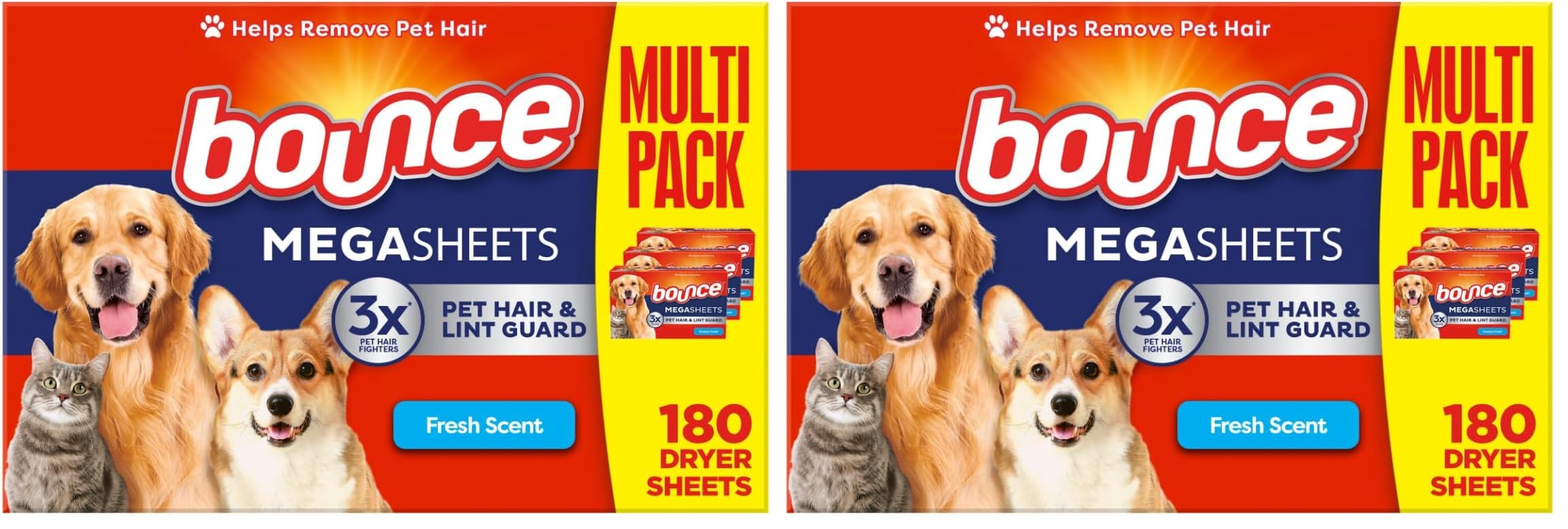 Bounce Fabric Softener Sheets, Fresh Scent, 180 Count | Pet Hair and Lint Guard | Pack of 2 | 3X Pet Hair Fighters