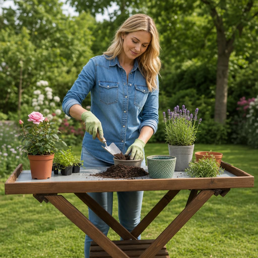 BOGATECO Pflanztisch 118 x 84 x 38cm mit Arbeitsplatte aus Metall | Klapptisch imprägnierter Blumentisch Outdoor Gärtnertisch mit Regal Gartenarbeitstisch Wetterfest