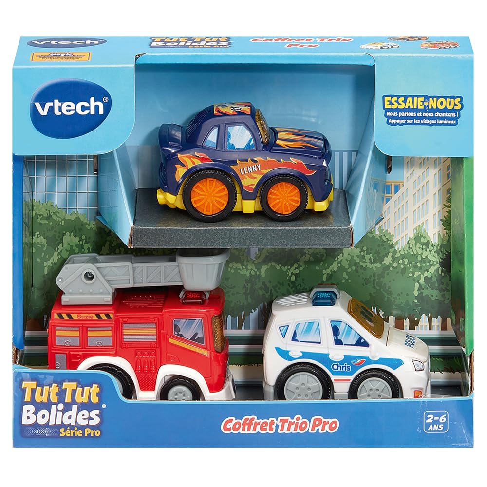 VTech - Tut Tut Bolides Série Pro, Coffret Trio Pro, 3 Voitures Enfant, Police, Camion de Pompiers et Voiture de Course, Jouet Musical et Sonore, Cadeau Enfant de 2 Ans à 6 Ans - Contenu en Français