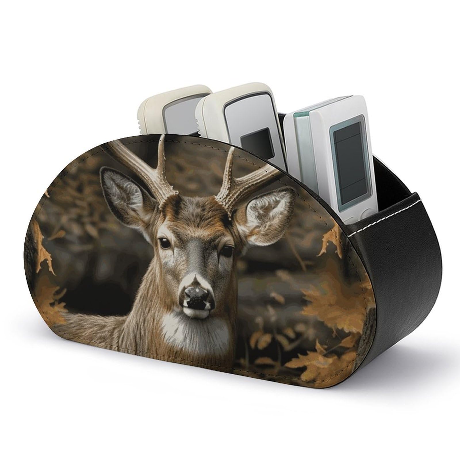 DWVTSLH Camouflage Deer Remote Control Holder with 5 Compartments - PU Leather TV Remote Holder Remote Caddy Desktop Organizer Makeup Brush Holder, Remote Storage Box for Home Office