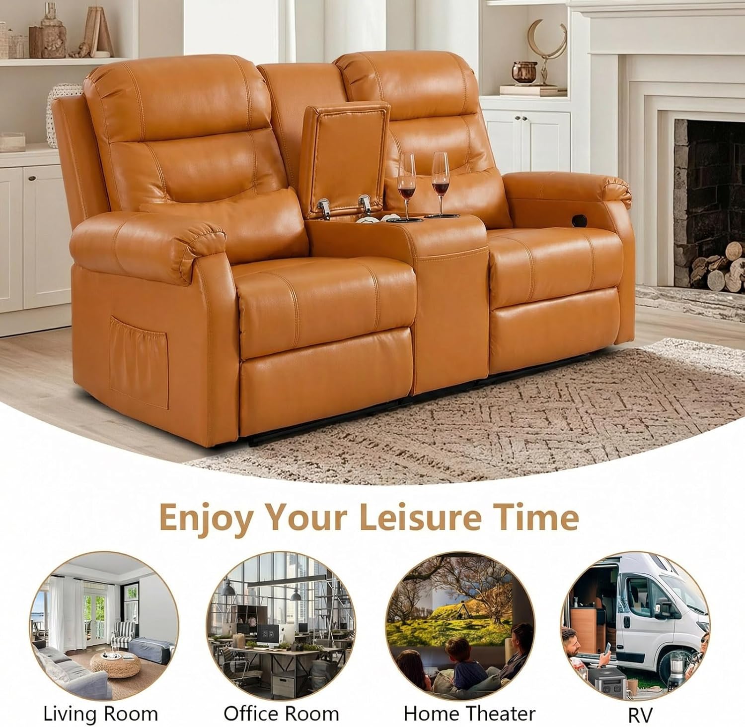 Loveseat Reclining Sofa with Console, RV Recliner Sofa with Cup Holders, Large Pockets, Manual RV Loveseat Recliner for Living Room, Home Theaters (Orange, No LED Light)