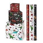 WERNNSAI Christmas Kids Wrapping Paper - 3 Rolls 17 x 120 Kids Christmas Dinosaur Wrapping Paper Rolls Boys Christmas Wrapping Papers Christmas Birthday Gift Wrap Paper with Cutting Line