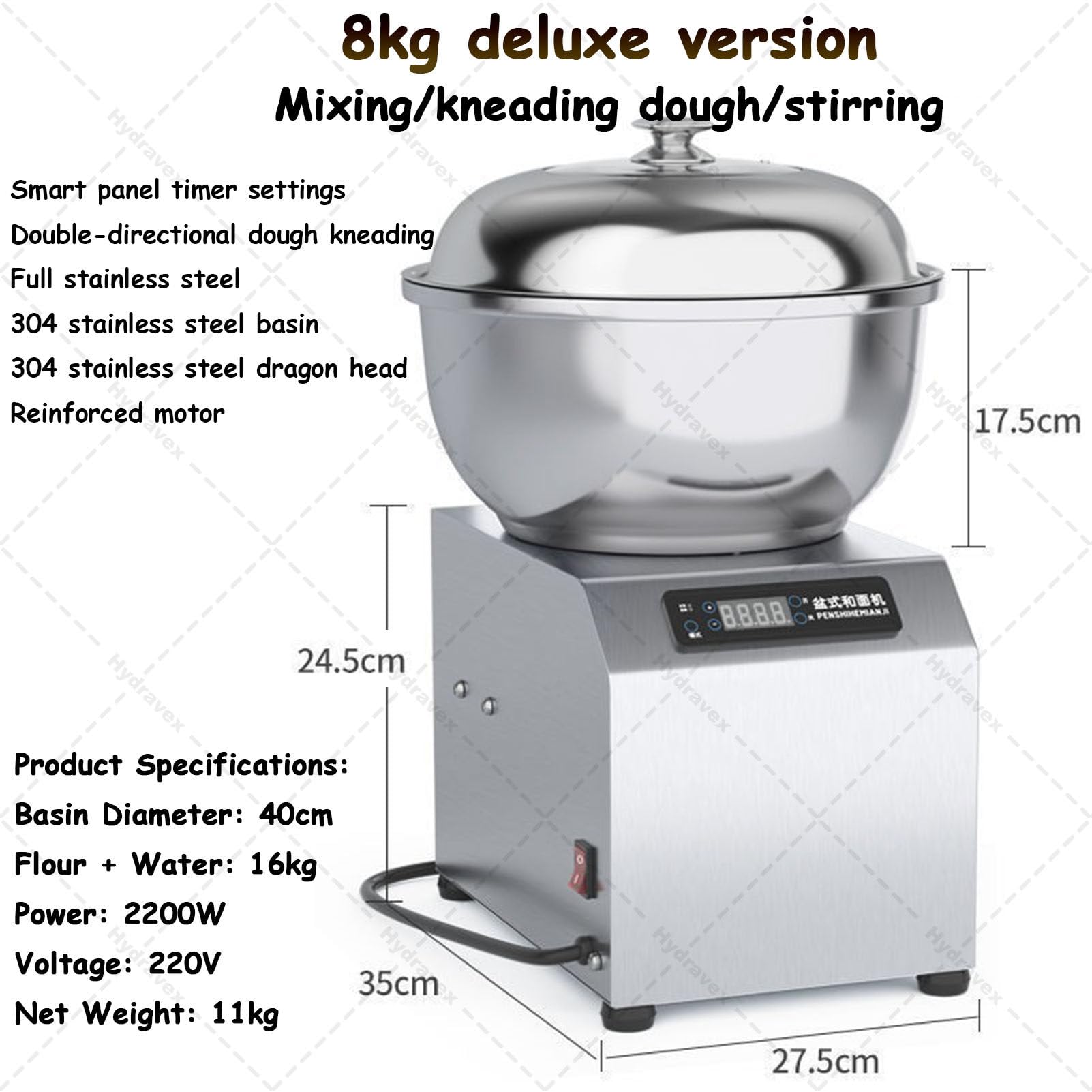 Impastatrice commerciale, macchina impastatrice a doppia rotazione con ciotola in acciaio inossidabile per uso alimentare, coperchio e timer, impastatrice a spirale elettrica per ristoranti 8kg
