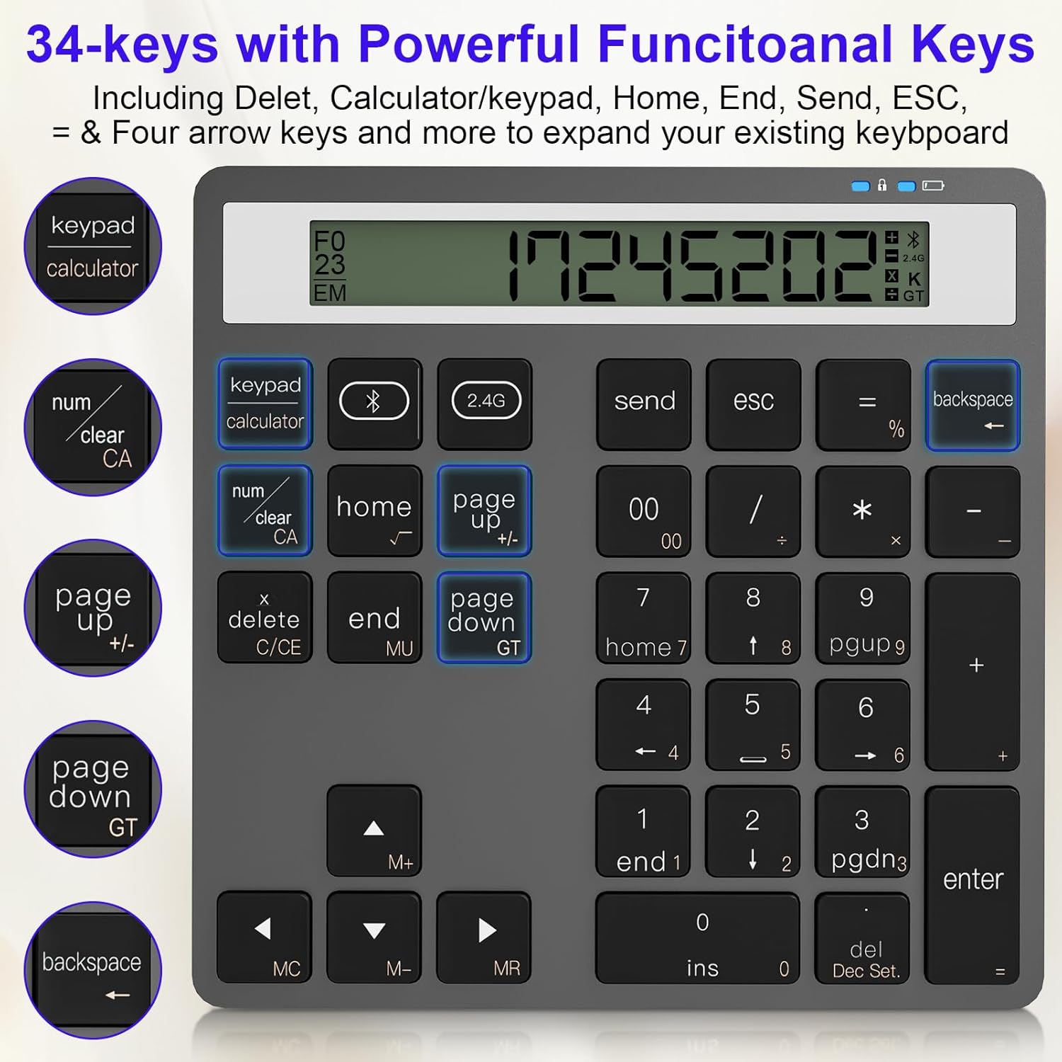 Numeric Keypad Bluetooth Number Pad - with Display Calculator Bluetooth Wireless Numpad Keyboard 2 in 1 Data Entry + Calculation, Slim 34 Keys External Number Keypad for Laptop Macbook Mac Surface PC
