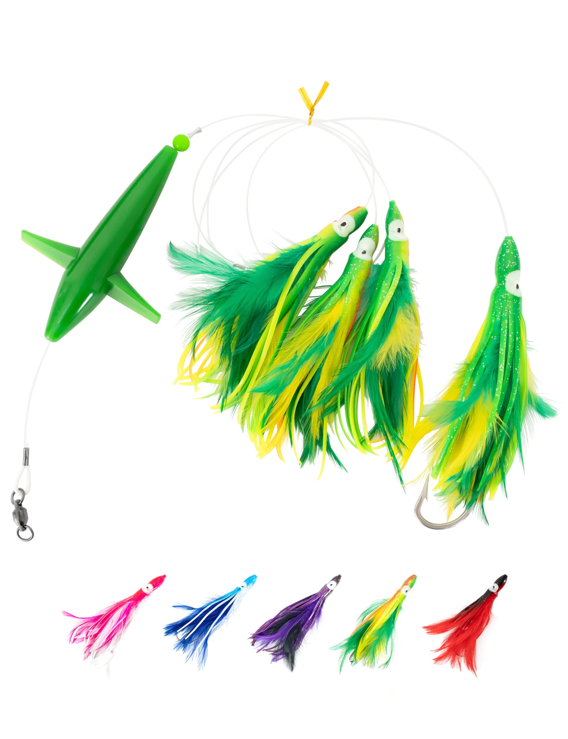 BLUEWING Tuna Feather Daisy Chain Fishing Teaser Lure with 6in Feathered Trolling Squids and Stainless Steel Hook Big Game for Tuna Mahi Wahoo Marlin, Yellow/Green