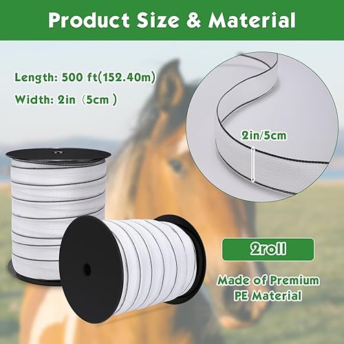 Miniatura 5 de Wowangce 2 cintas eléctricas de polietileno para valla de caballo, cinta de valla eléctrica de 1640 pies (1,640.4 ft) de longitud, cinta de cercado