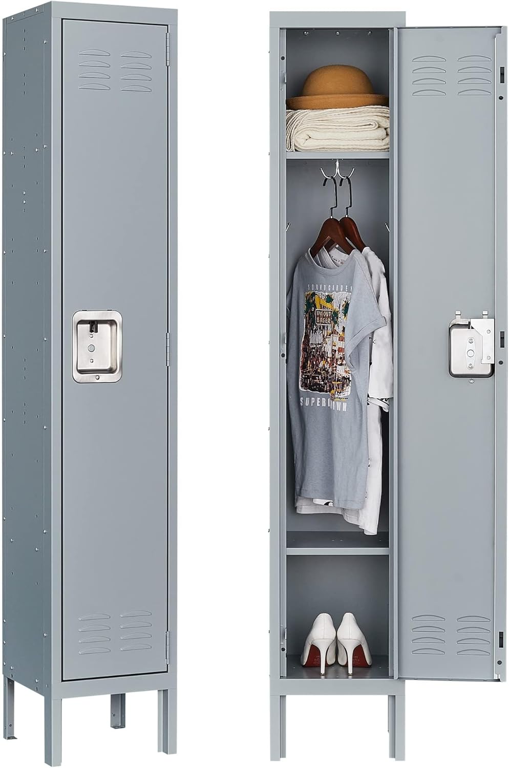 Letaya 3-Tier Metal Storage Locker with Lockable Door, Gray - Durable 12x12x66" Cabinet for Gym, Office, Home, School