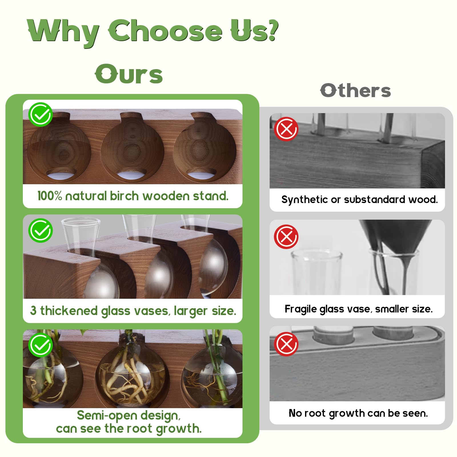 Station de propagation de plantes avec support en bois, terrarium avec 4 modes d'éclairage LED réglables à 9 niveaux, 3 vases de propagation en verre pour culture hydroponique, tubes de propagation