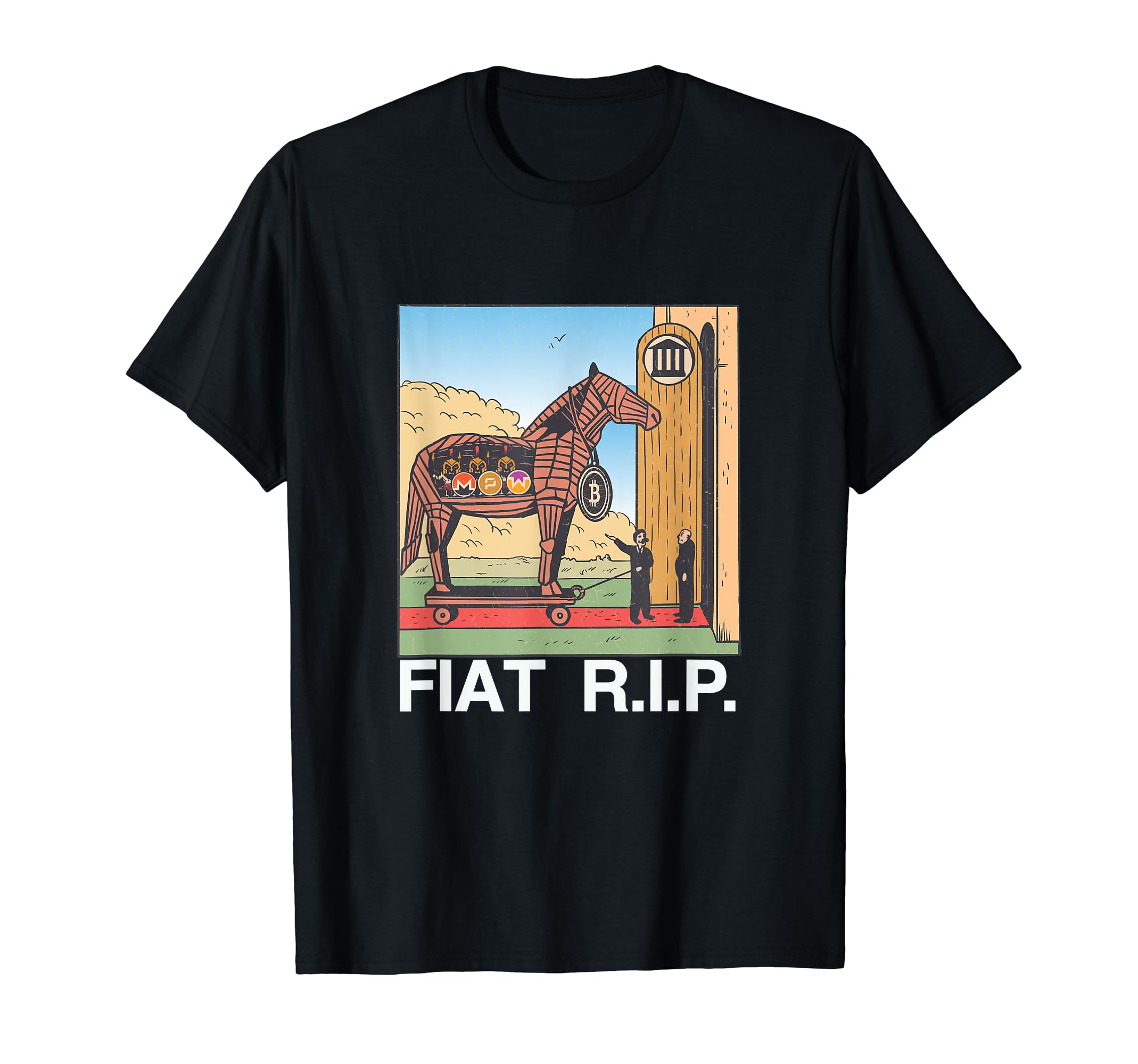 Bitcoin & Crypto - Trojan Horse entering a Bank T-Shirt, Black