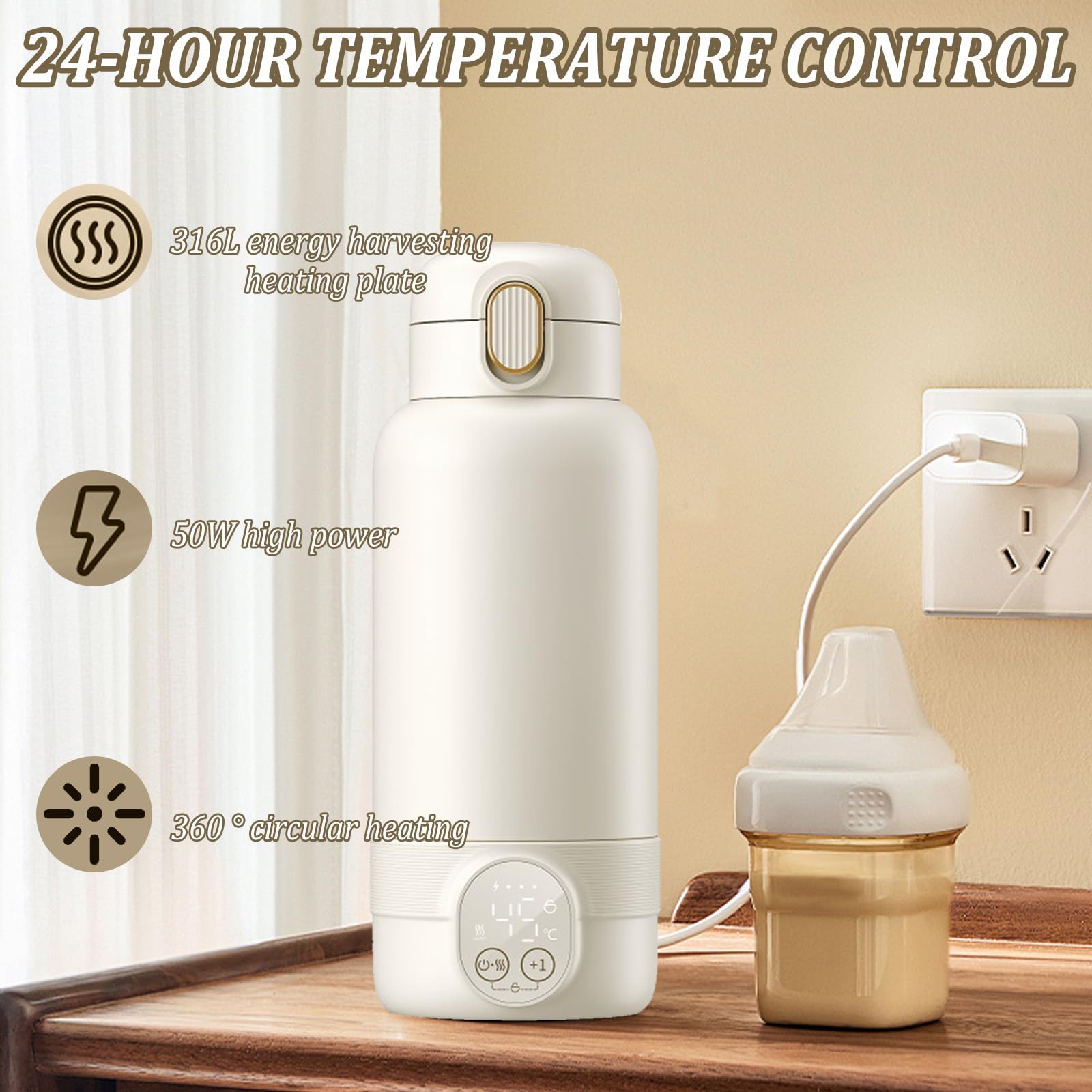 Cordless Portable Bottle Warmer, 500 ml, portatile, regolabile da 37 a 55 gradi, con indicatore LED, scaldabiberon in viaggio, 24 ore, temperatura costante per latte materno e acqua